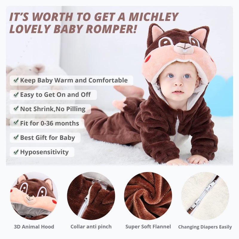 MICHLEY Unisex Baby Hooded Romper Winter Flannel Jumpsuit for 6-12months, Cartoon Cosplay Costume, Squirrel - Image 2